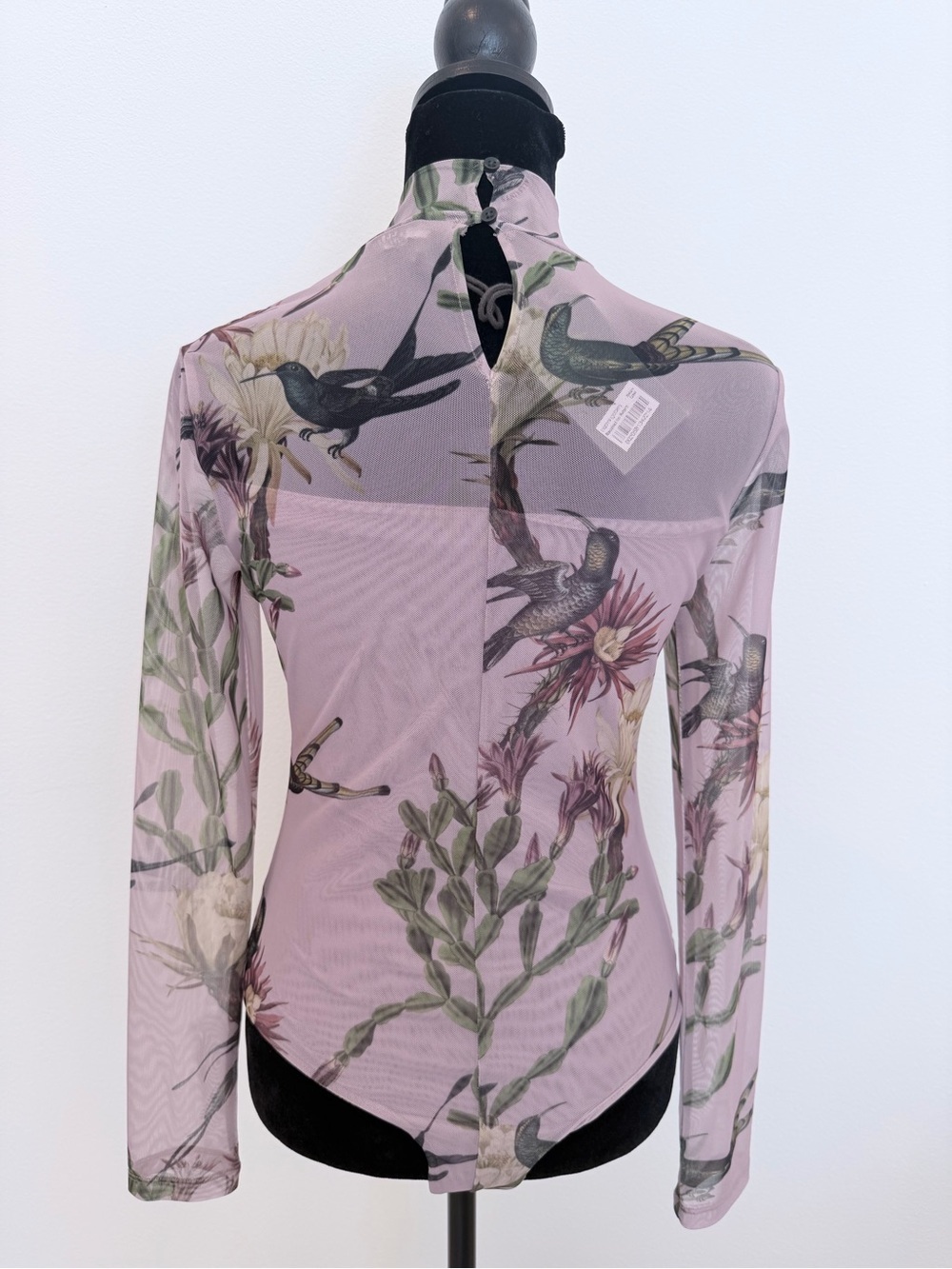AllSaints Pink Sheer Floral & Bird Mock Neck Long Sleeve Bodysuit - Picture 10 of 14